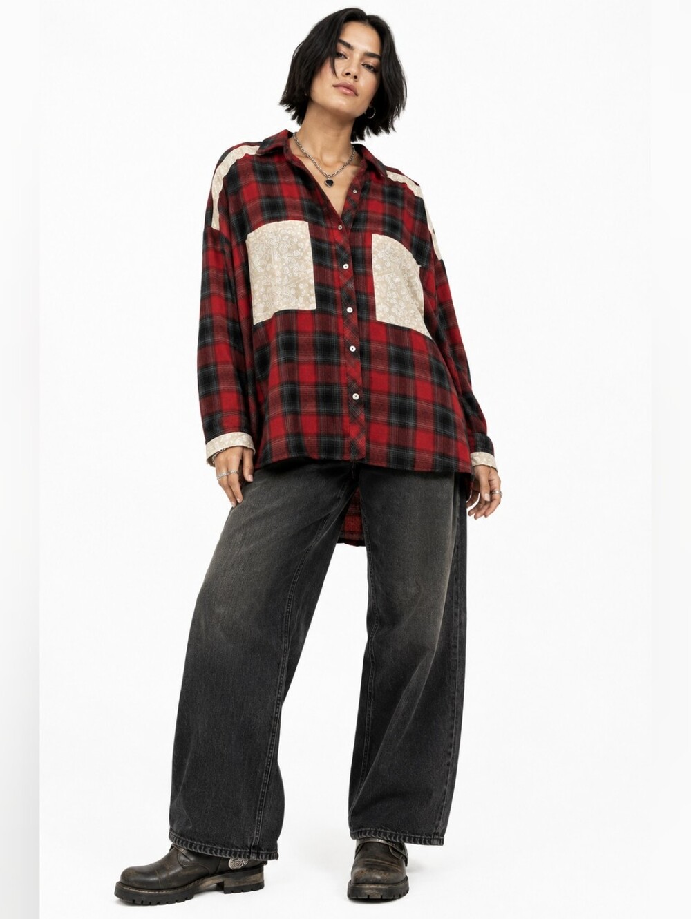 POL Plaid Paisley Patchwork Oversized Button Down Shirt L